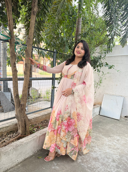 Chiffon Anarkali Kurta Pant Dupatta Set with Embroidery – Women’s Festive Ethnic Wear (Sizes M–XXL)