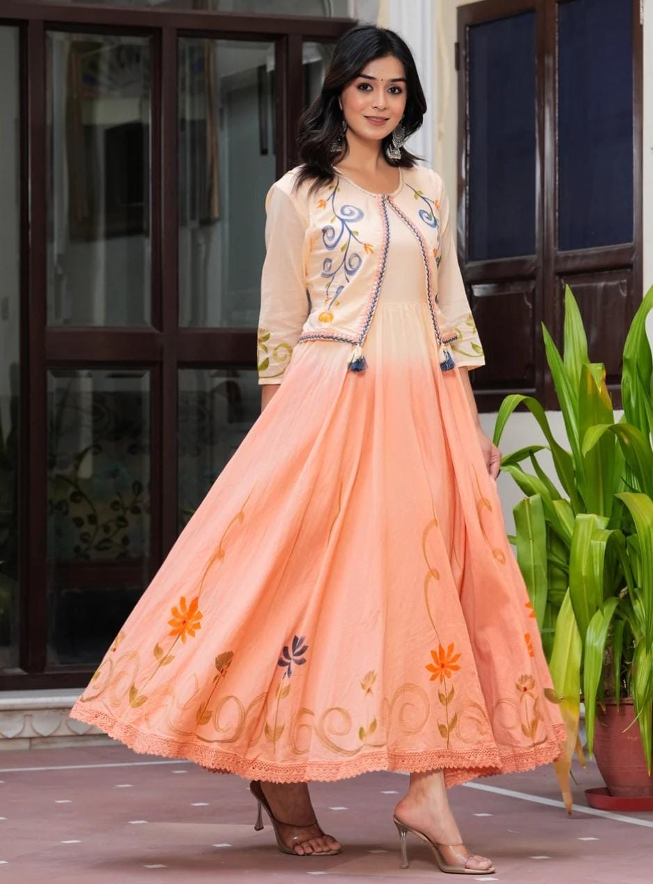 Premium Hand Printed Cotton Mulmul Ombre Gown with Embroidered Jacket