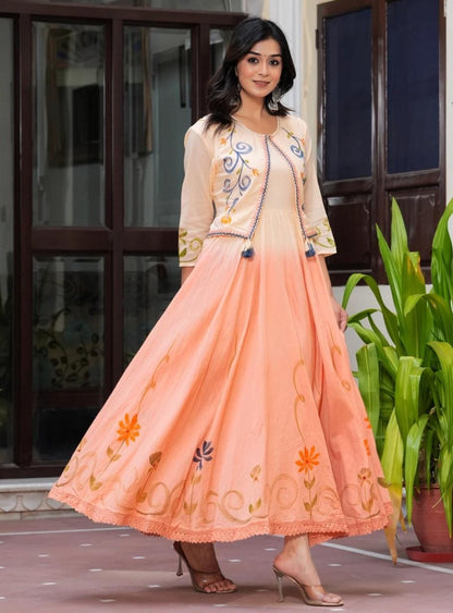 Premium Hand Printed Cotton Mulmul Ombre Gown with Embroidered Jacket