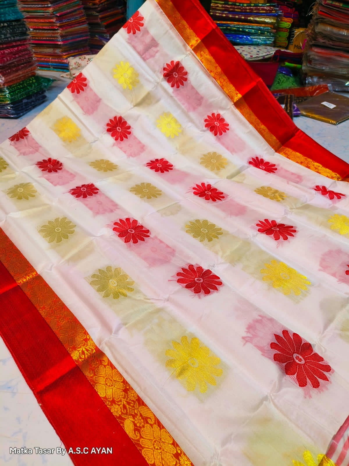 Matka Tussar Silk Saree with Golden Zari Weaving and Velvet Border