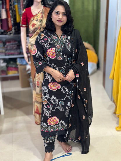 Women’s Pakistani-Style Floral Cotton Suit Set with Sequins, Beadwork and Embroidered Dupatta – Black