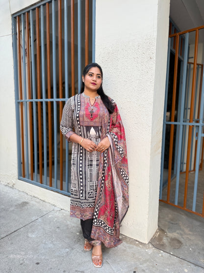 Viscose silk printed kurta pant dupatta set with ethnic motifs and mirror-style detailing for women