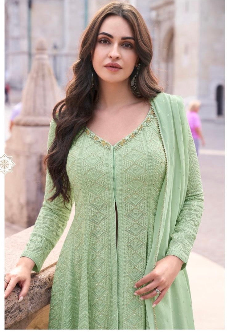 Real Georgette 3-Piece Set with Embroidered Top, Palazzo, and Dupatta – Free Size Stitched Ethnic Wear