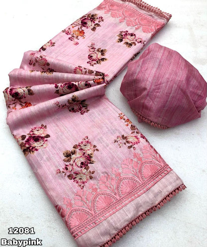 Handloom Tussar Silk Digital Print Saree with Embroidery, Lace Border, and Contrast Blouse