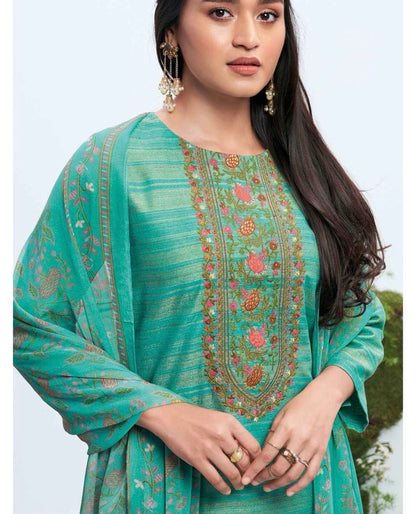 Unstitched Woven Fabric Suit Material with Embroidery, Cotton Silk Bottom and Chiffon Printed Dupatta