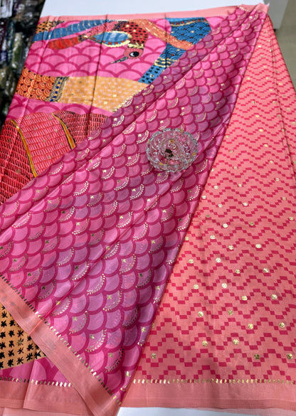 Japan satin saree for women with position print pallu and blouse, soft satin printed saree for festive and casual wear