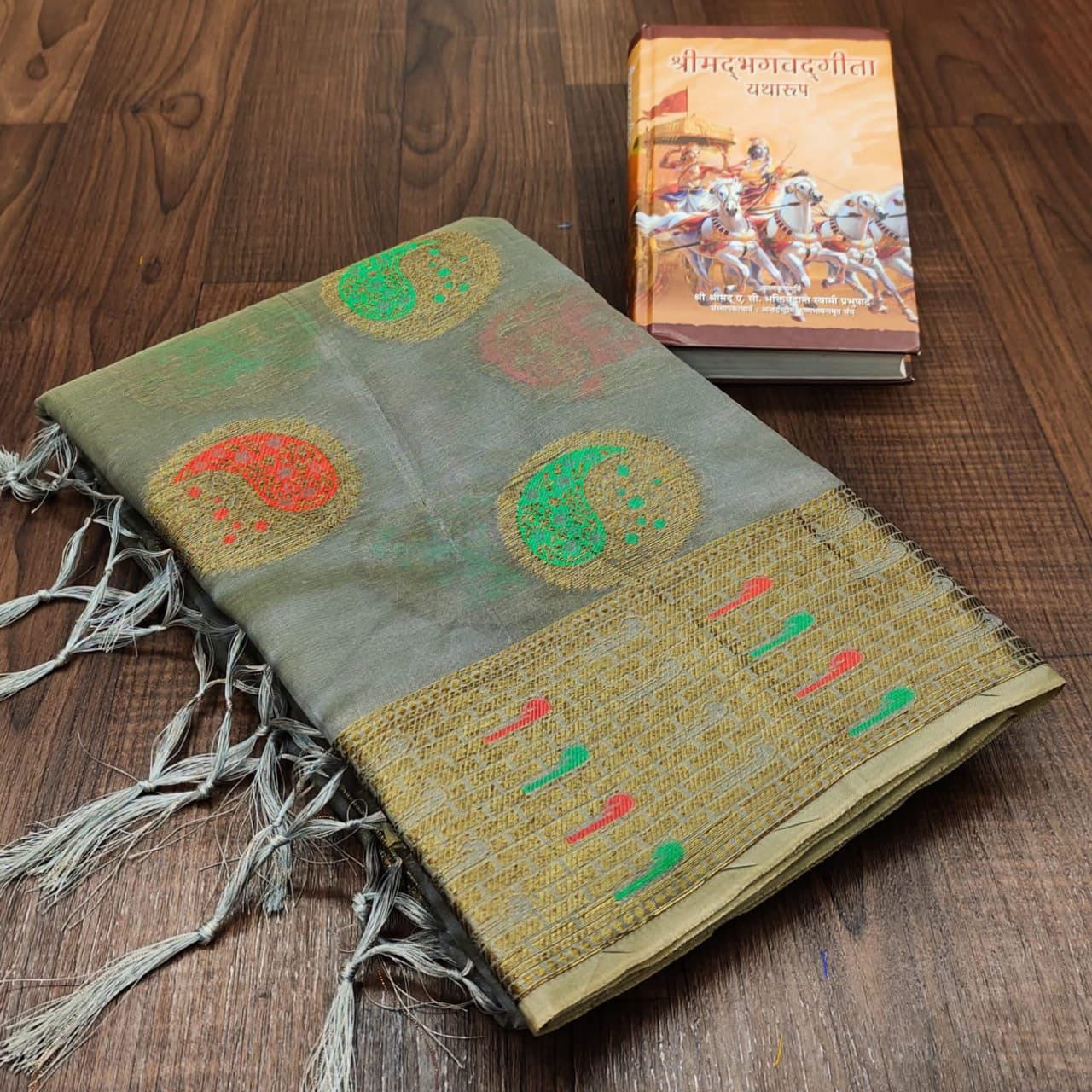 Kanchipuram Organza Saree with Antique Zari Weaving and Brocade Blouse – Festive Wear