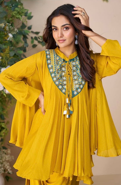 Premium Real Chinon Silk Poncho Style Embroidered Top with Palazzo – Free Size Stitched