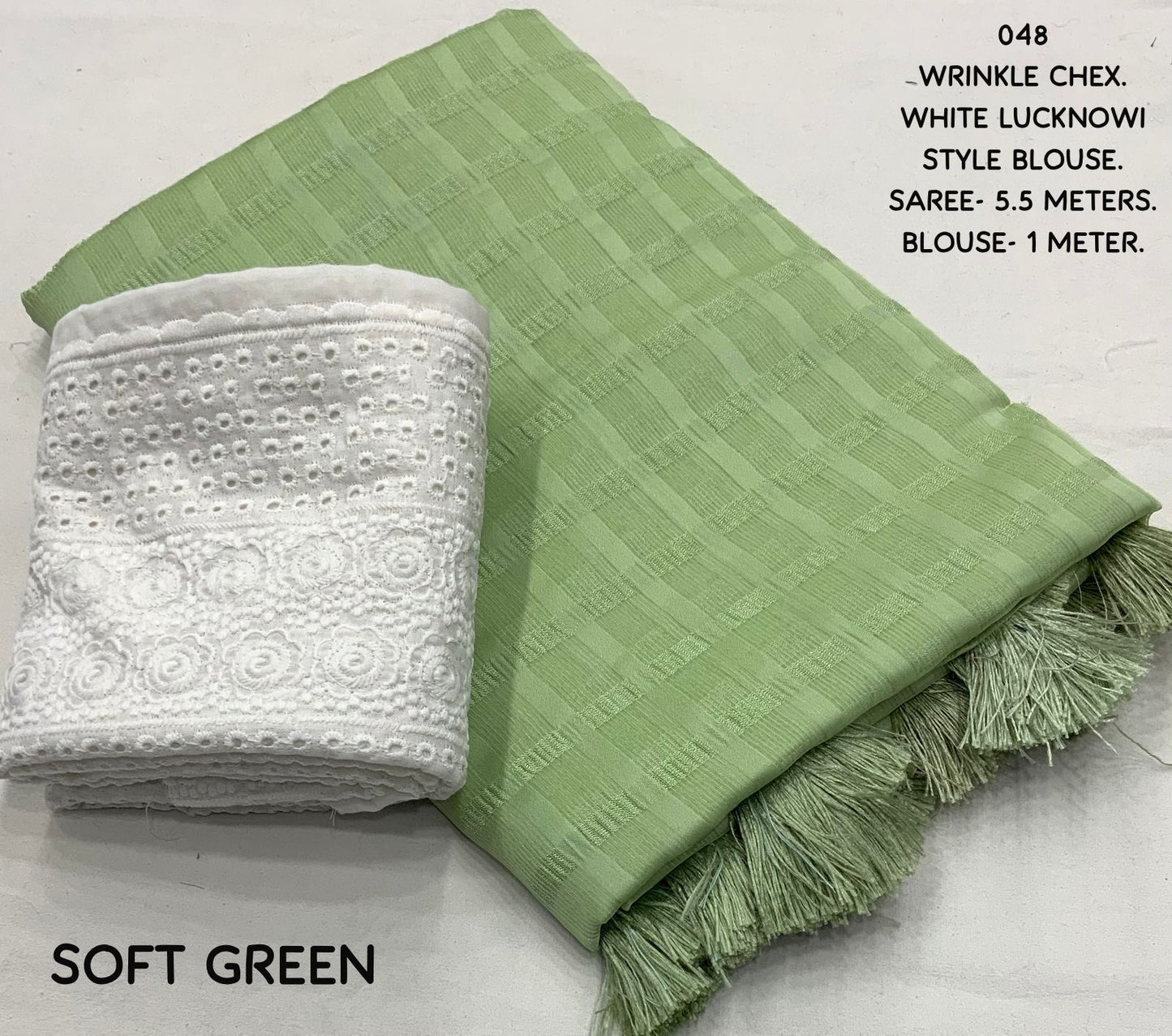 Wrinkle Chex Soft Georgette Saree with Tassel Pallu and Lucknowi White Blouse Piece