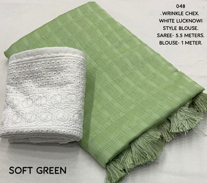 Wrinkle Chex Soft Georgette Saree with Tassel Pallu and Lucknowi White Blouse Piece