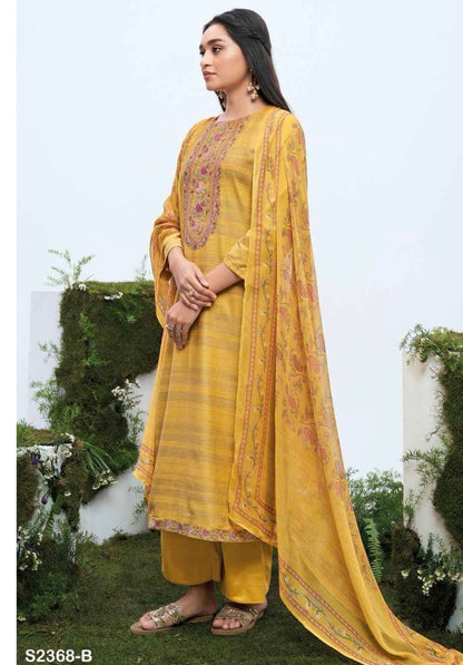 Unstitched Woven Fabric Suit Material with Embroidery, Cotton Silk Bottom and Chiffon Printed Dupatta