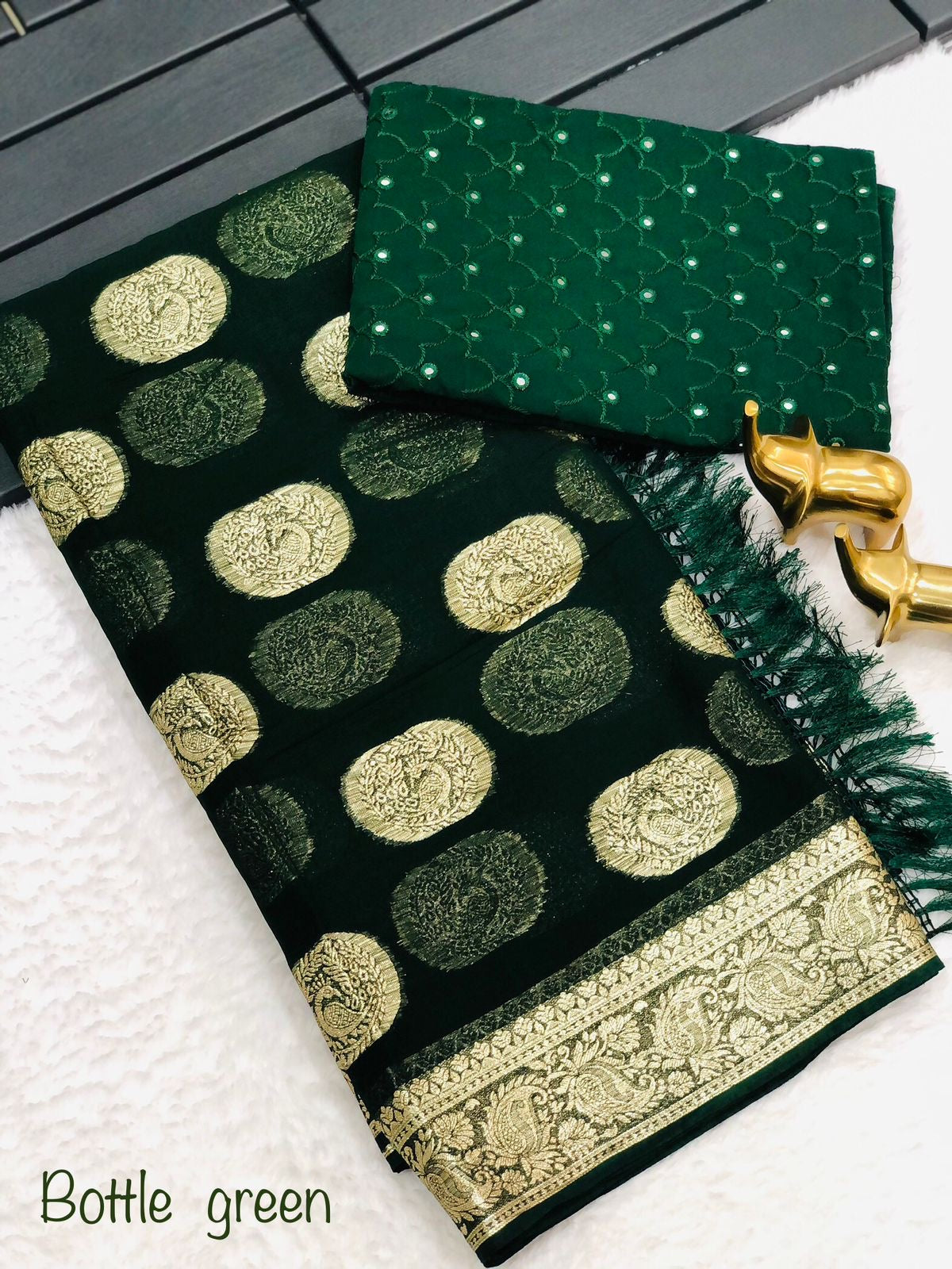 Women’s Pure Viscose Georgette Saree with Gold Zari Weaving, Zalar Pallu and Foil Mirror Work Blouse