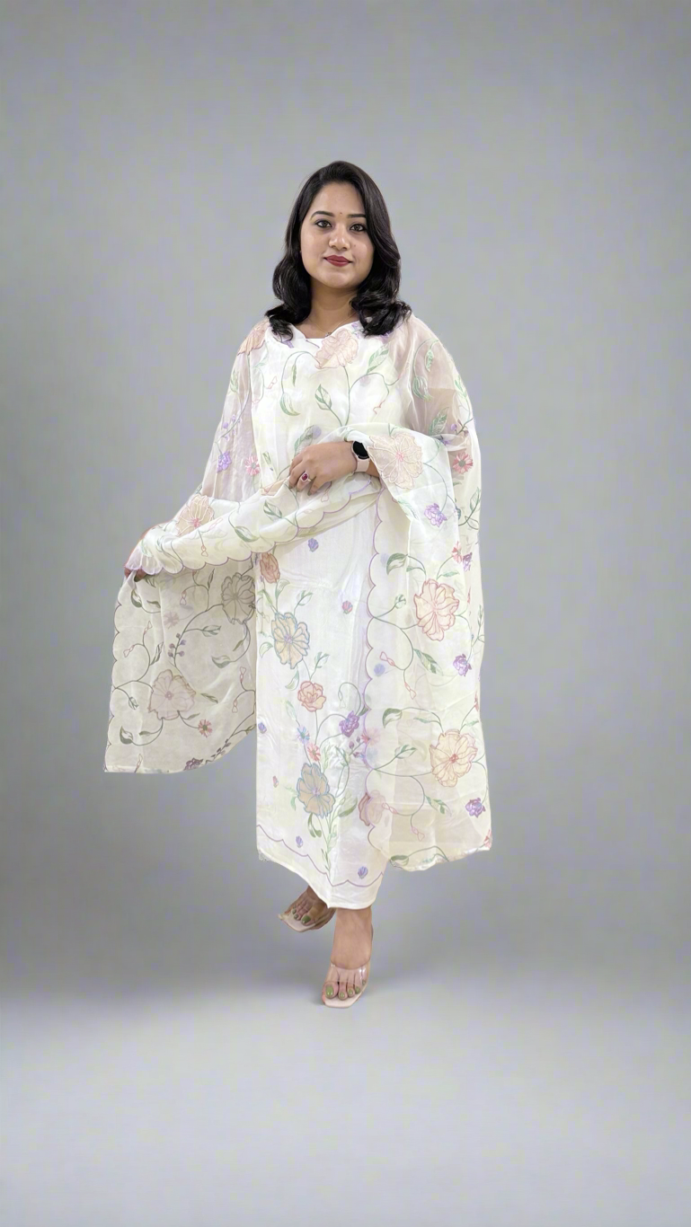 Unstitched Bamber Silk Suit with Resham Embroidery, 3D Patch Appliqué and Organza Dupatta