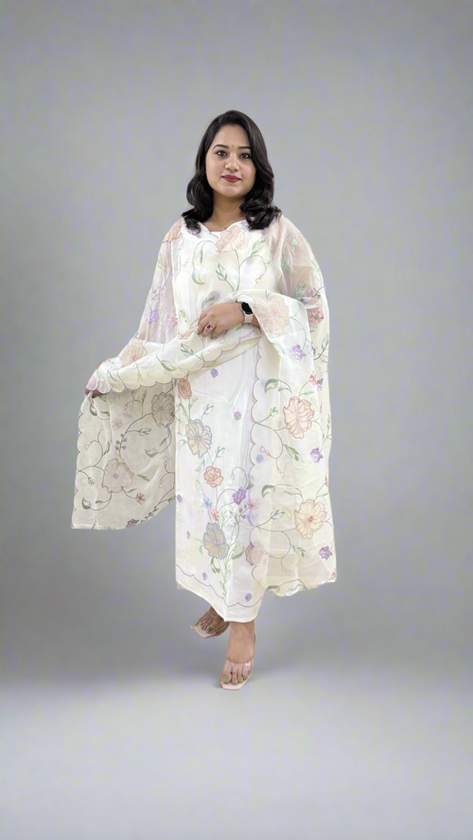 Unstitched Bamber Silk Suit with Resham Embroidery, 3D Patch Appliqué and Organza Dupatta