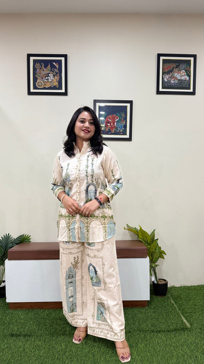 Women's Mughal Print Flex Cotton Co-ord Set with Button-Down Shirt and Flared Palazzo