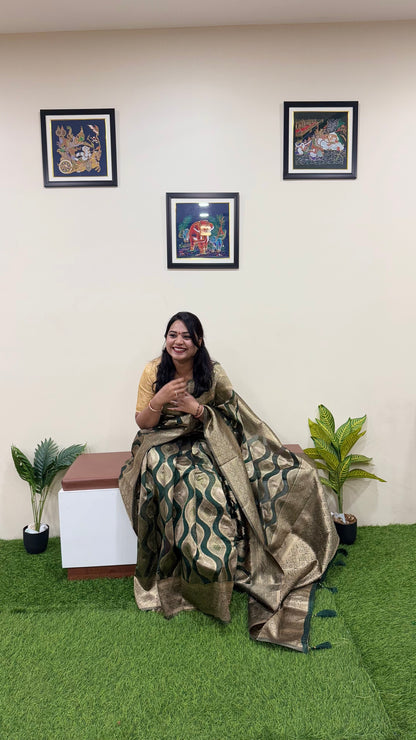 Organza Woven Saree in Deep Navy with Zari Work and Contrast Border – Festive Wear for Women