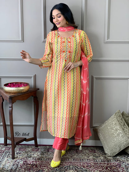 Chanderi Silk Digital Print Kurta Pant Dupatta Suit Set with Embroidery and Chiffon Dupatta – Sizes 38 to 44