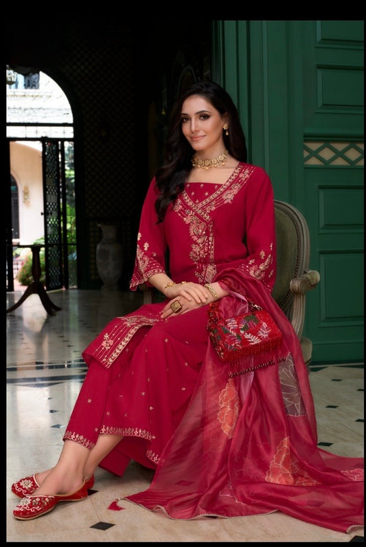 Women’s Roman Silk Angrakhha Kurti Set with Embroidery and Organza Dupatta – XL to XXL