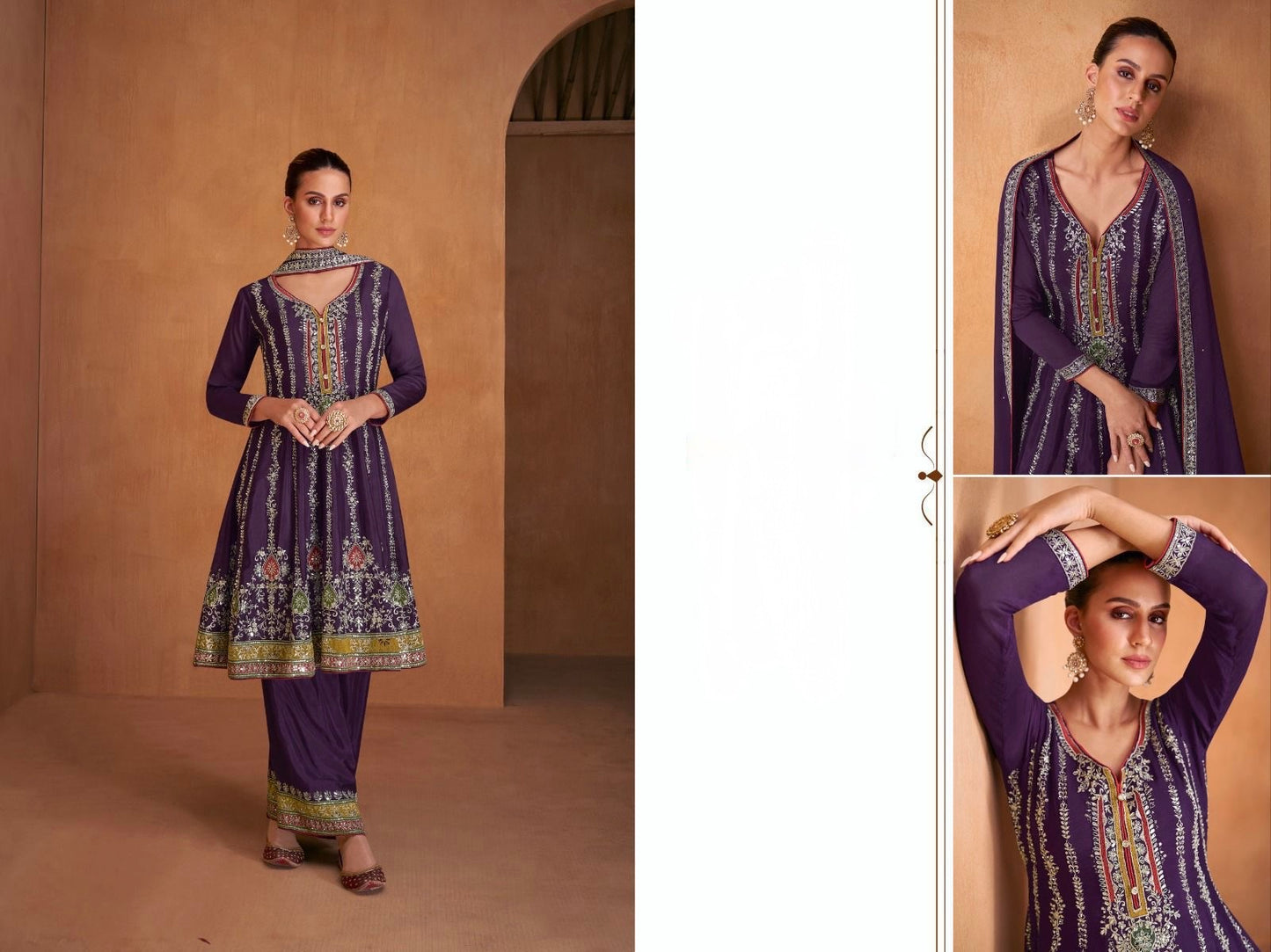 Real Chinon 3-Piece Set with Embroidery Front and Back – Free Size Ethnic Wear for Women