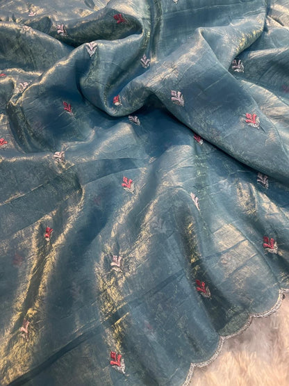 Crush Tissue Saree with Multi-Embroidery Work and Running Blouse for Women