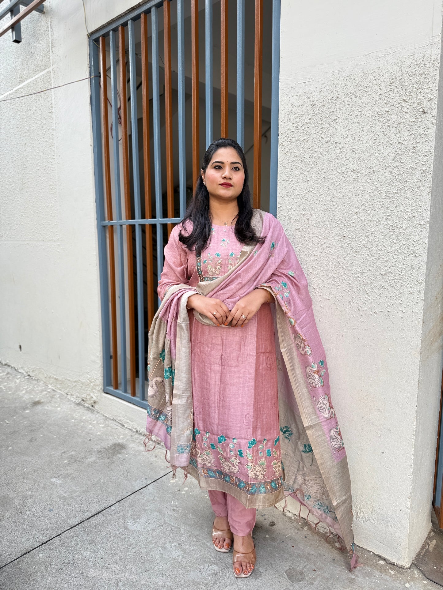 Chanderi embroidered suit set for women with cotton lining, matching bottom and dupatta