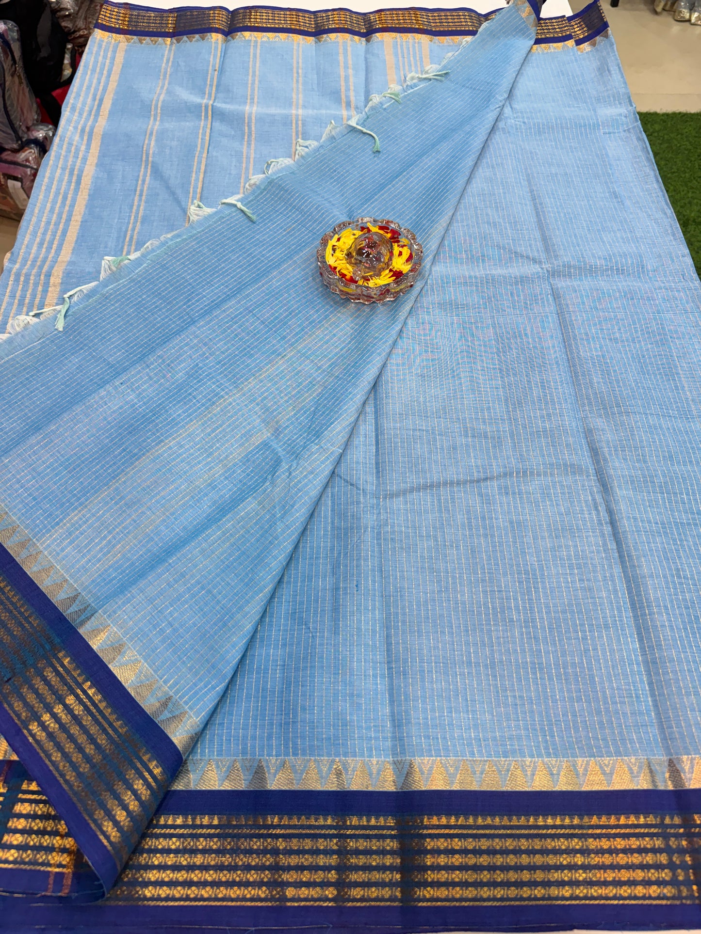 Kanchi cotton saree with checked putta design and zari thread border, 6.2m with running blouse, women’s traditional saree