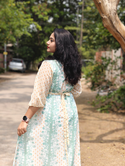 Women’s Off-White Georgette Printed Midi Dress with Puff Sleeves – Sizes M to 3XL