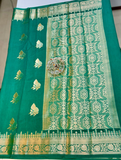 Handloom Pure Chhiniya Silk Saree in bottle green with Meenakari Zari Weaving and Buta Work