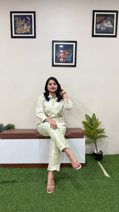 Women's Pure Silk Co-ord Set in Light Pistachio with Floral Embroidery and Straight Pants