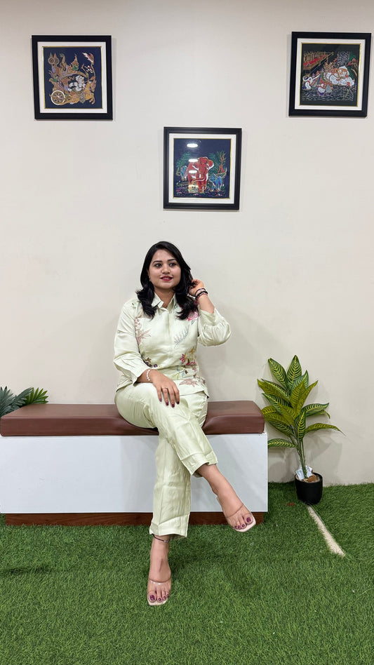 Women's Pure Silk Co-ord Set in Light Pistachio with Floral Embroidery and Straight Pants