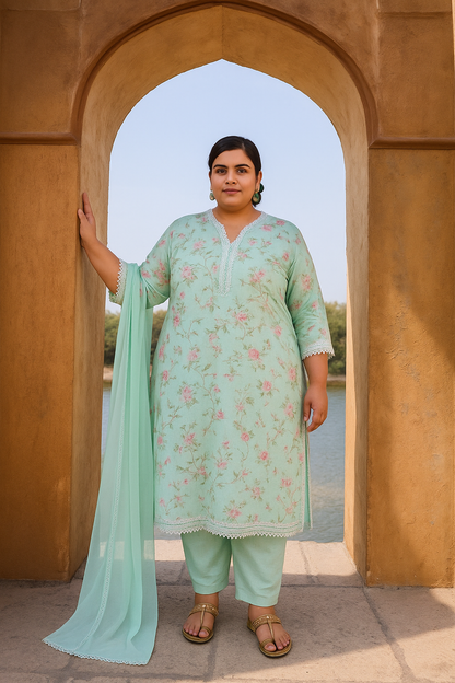Linen Cotton Kurti Pant Set with Nazmin Dupatta and Lace Work – Plus Sizes Available