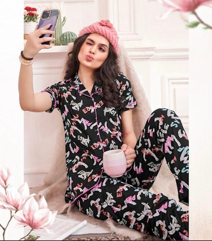 Printed Sinker Fabric Collar Night Suit Set – Women’s Loungewear & Nightwear (M to 2XL)