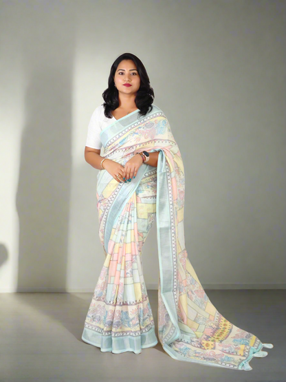 Soft Pure Linen Saree with Floral Print, Kantha Lotus Border, Zari Lining, and Running Blouse