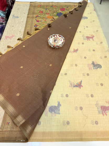 Linen Paithani style printed saree with floral tree border and tassel pallu, women’s festive daily wear saree