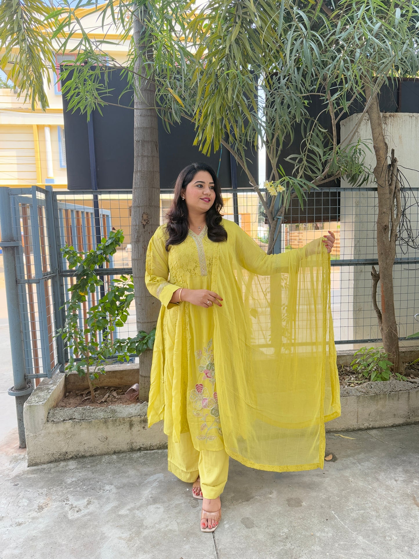 Glass organza and cotton schiffli kurta set with moti, sequence and cutdana work, cotton pant and chiffon dupatta – sizes 38–44