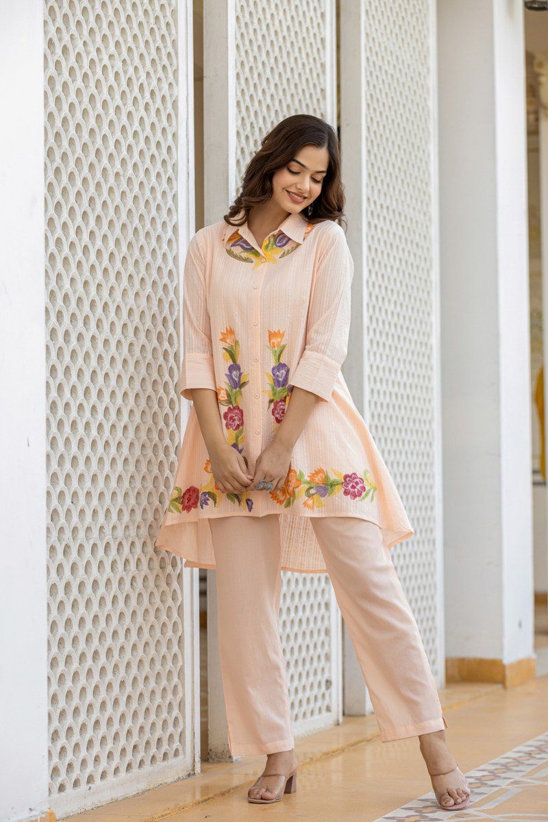 Cotton co-ord set for women with embroidered top and bottom – fully stitched ethnic casual wear