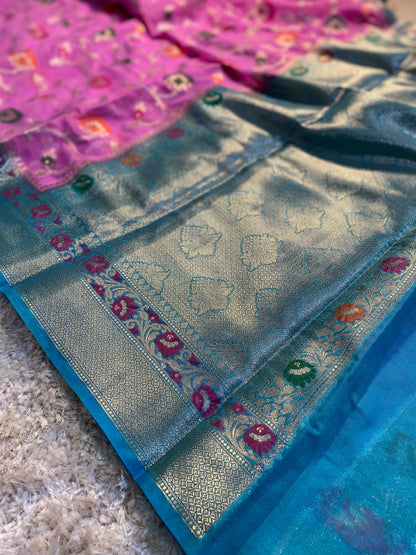 Banarasi Meenakari Georgette Silk Saree with Multi-Color Floral Weaving and Meena Border Blouse