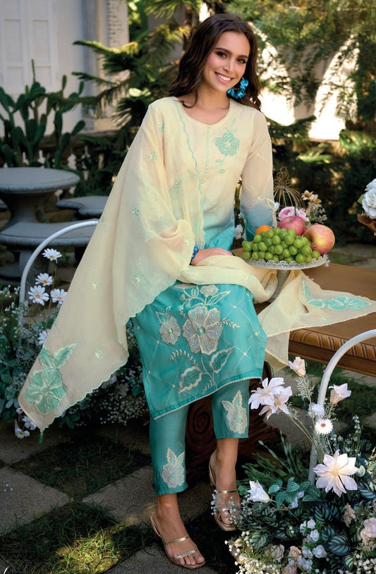 Pure Cotton Kurti Pant Set with Organza Dupatta, Thread and Applique Work – Women’s Summer Ethnic Wear