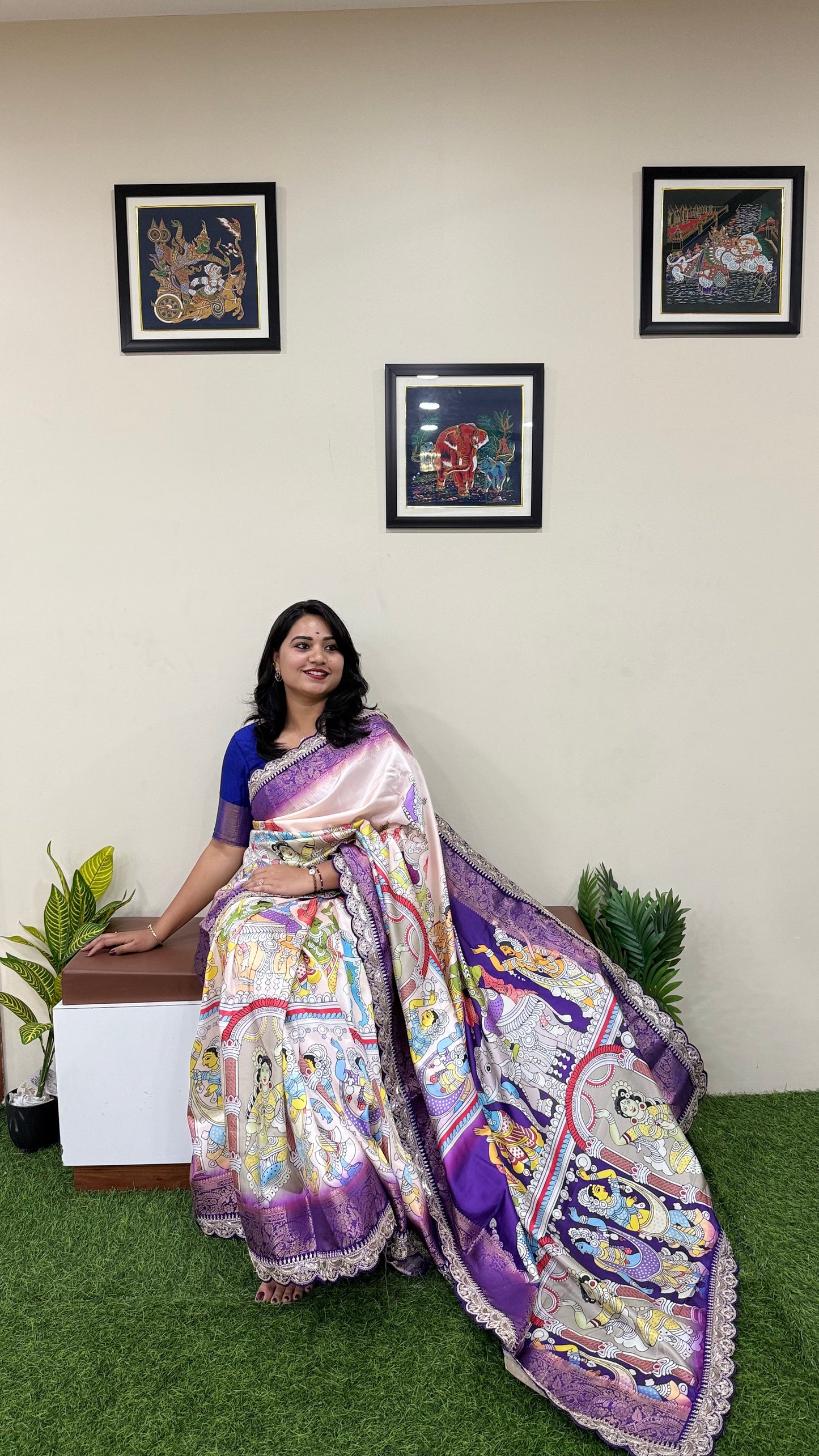 Dola Lichi Soft Silk Saree with Jacquard Jari Weaving, Pichwai Kalamkari Print and Sequins Lace Border