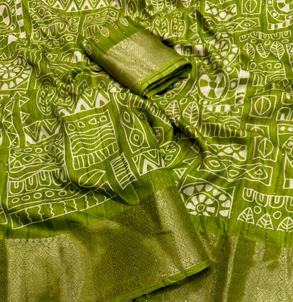 Cotton Crepe Saree with Sequence Work and Batik Print – Running Blouse Included