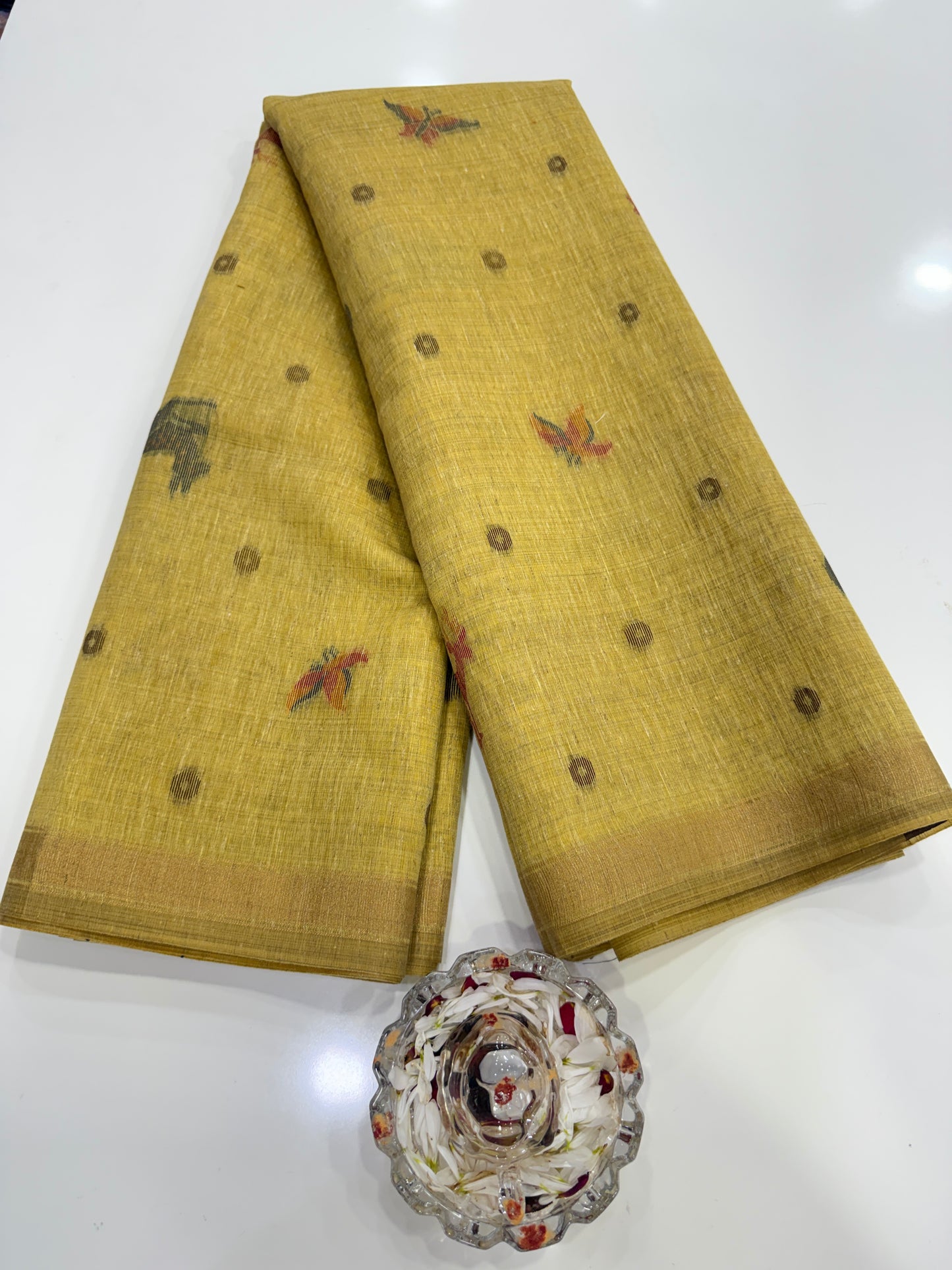 Linen Paithani style printed saree with floral tree border and tassel pallu, women’s festive daily wear saree