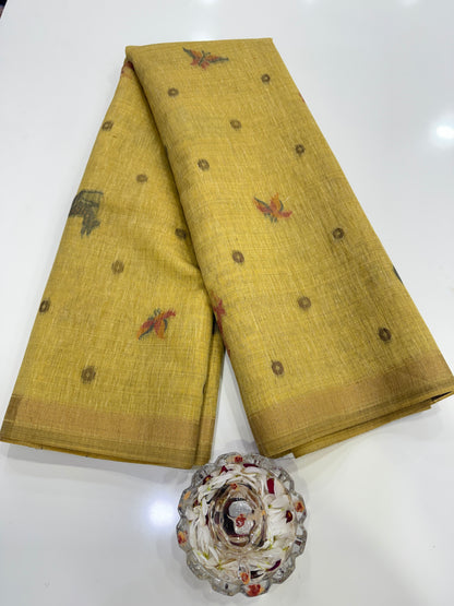 Linen Paithani style printed saree with floral tree border and tassel pallu, women’s festive daily wear saree