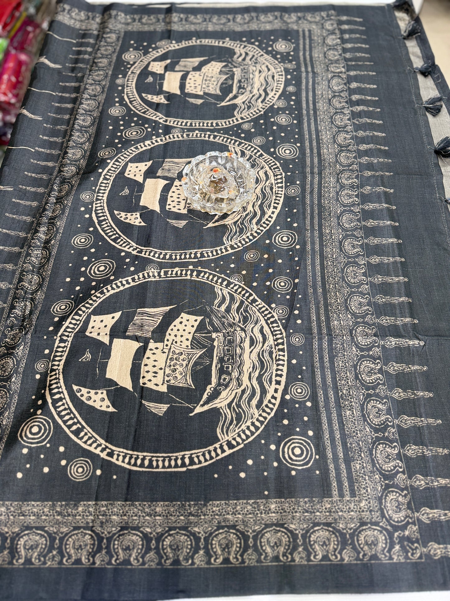 Semi Tussar Silk Saree with Ethnic Print Border and Tassel Pallu, Sea & Ships Print