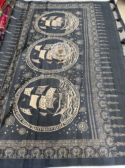 Semi Tussar Silk Saree with Ethnic Print Border and Tassel Pallu, Sea & Ships Print