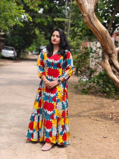Radiant Blooms Cotton Flared Dress with Multi-Color Floral Panels – Casual & Occasion Wear