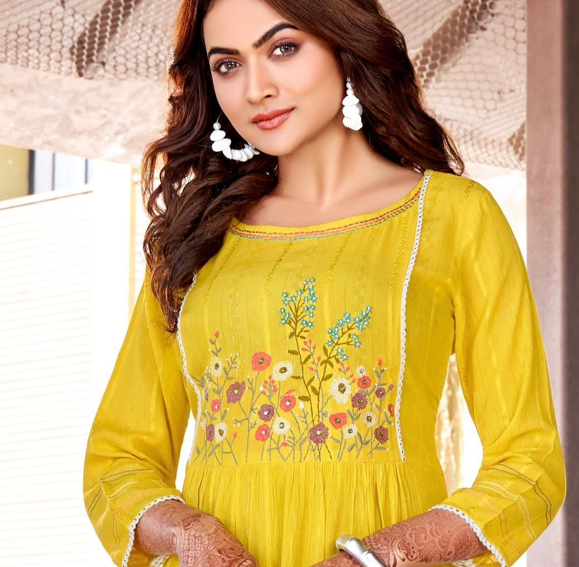 Rayon Wrinkle Lurex Kurti with Embroidery and Handwork for Women – XXL & XXXL, Multiple Designs