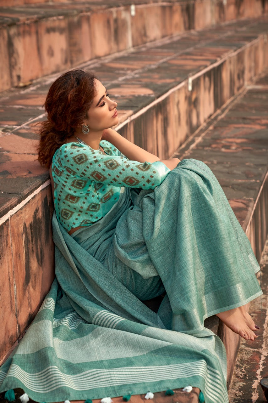 linen silk saree with striped design and border – lightweight ethnic wear for women