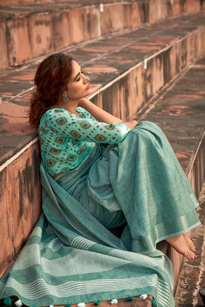 linen silk saree with striped design and border – lightweight ethnic wear for women