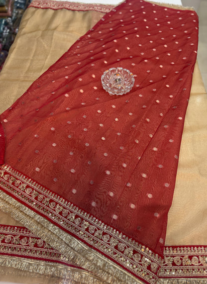 Women’s Banarasi premium tissue silk saree with lace border and woven booti blouse piece, gold and red