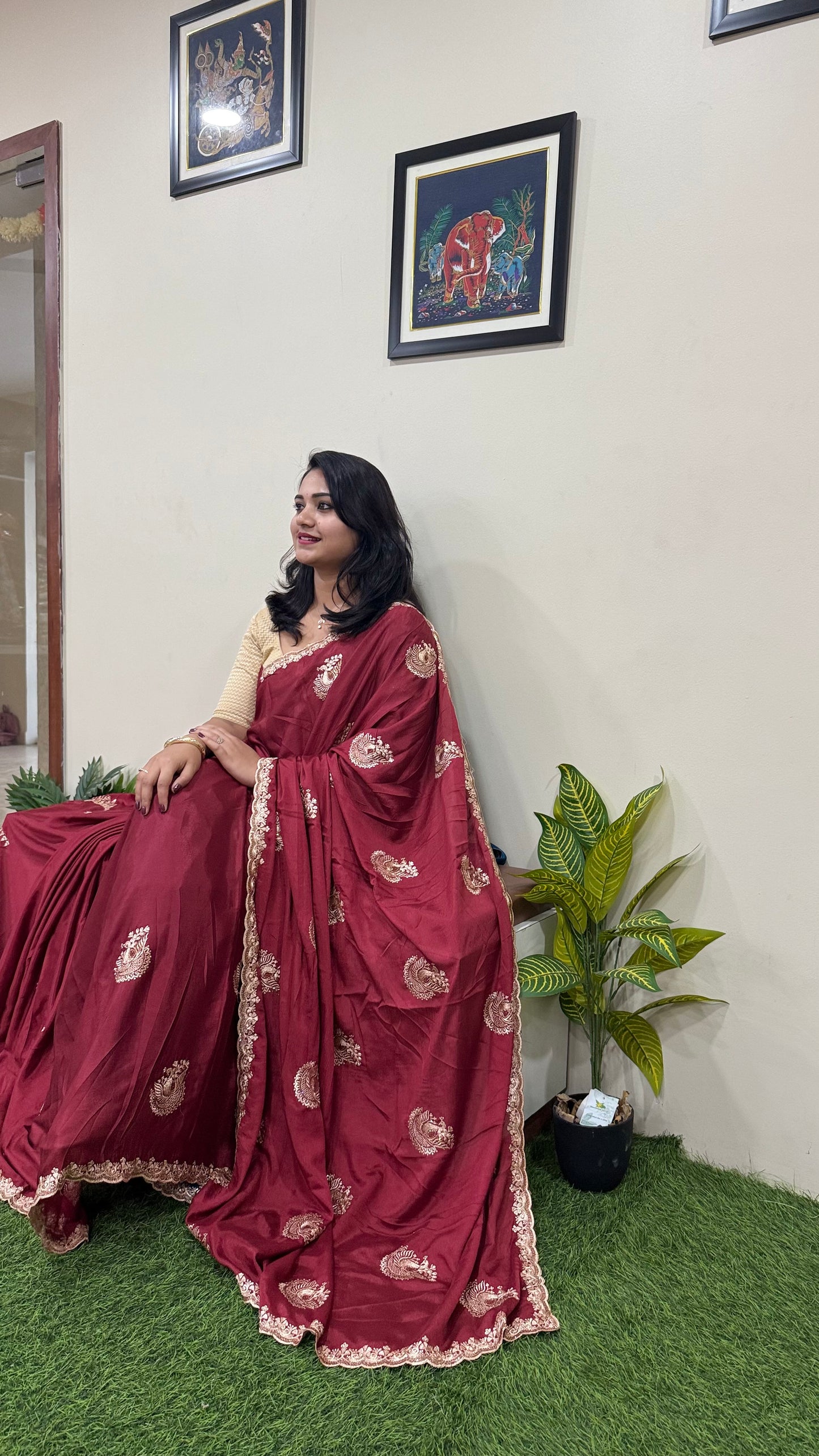 Pure Chinnon Saree with Embroidery, Work & Peacock Butta Motifs – Heavy Embroidered Blouse